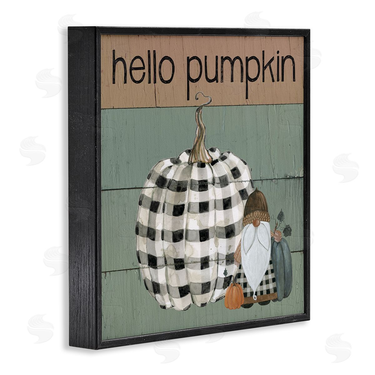Livi Finn Hello Pumpkin Rustic Greeting Patchwork Plaid Gnome Black Framed Glicee Wall Art Print
