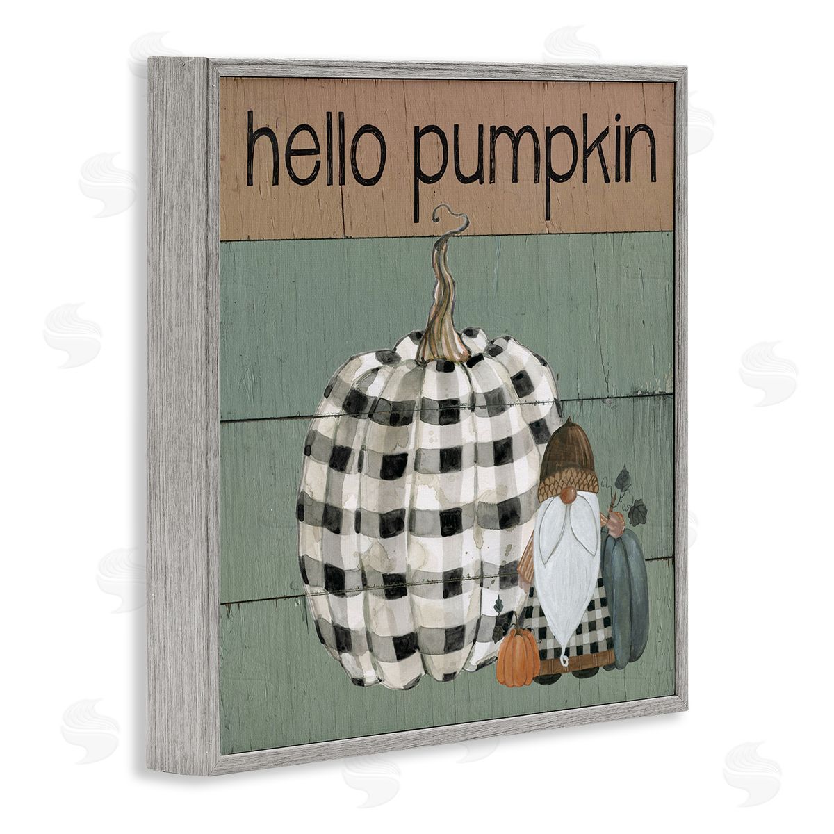 Livi Finn Hello Pumpkin Rustic Greeting Patchwork Plaid Gnome Gray Framed Glicee Wall Art Print