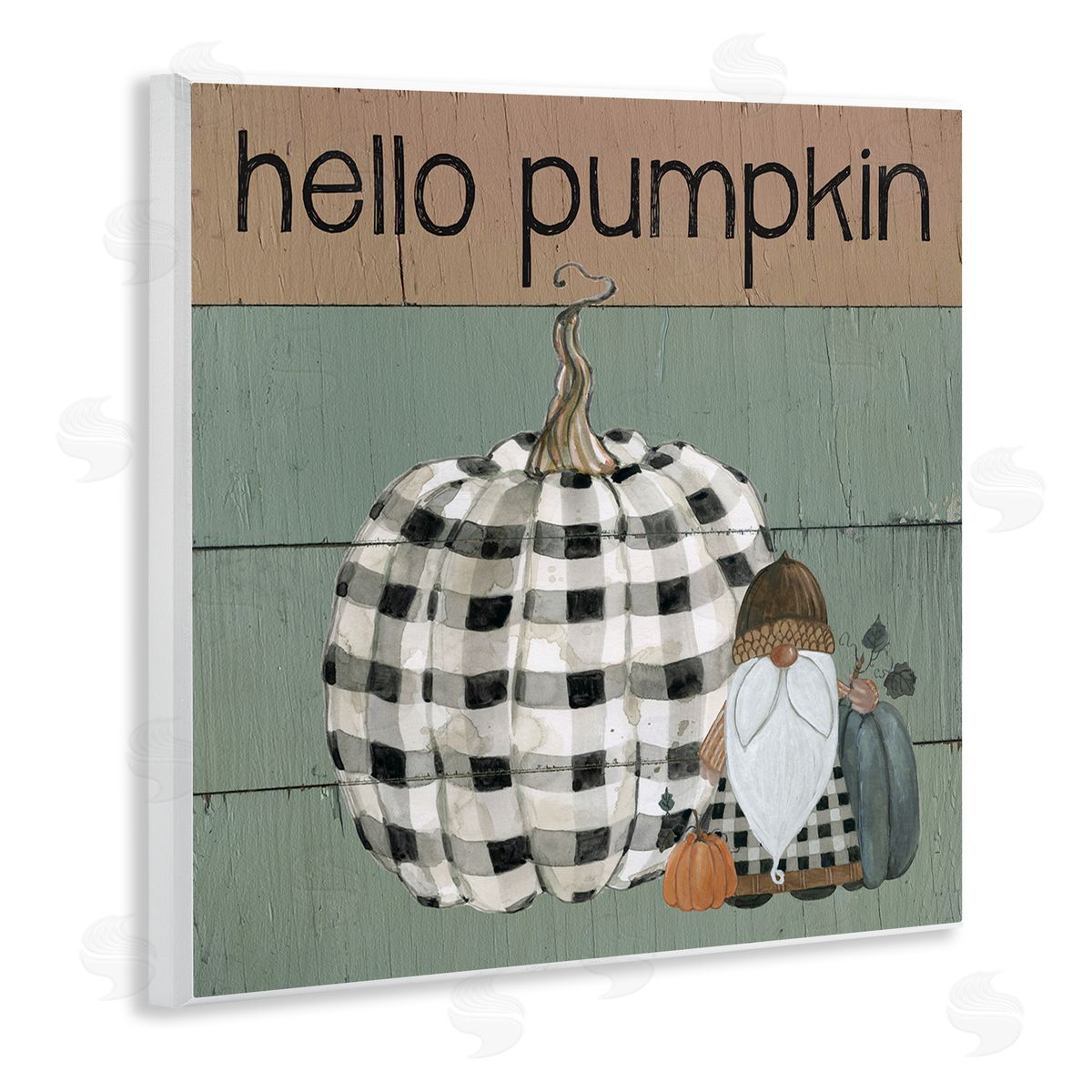 Livi Finn Hello Pumpkin Rustic Greeting Patchwork Plaid Gnome Wooden Wall Plaque Art Print