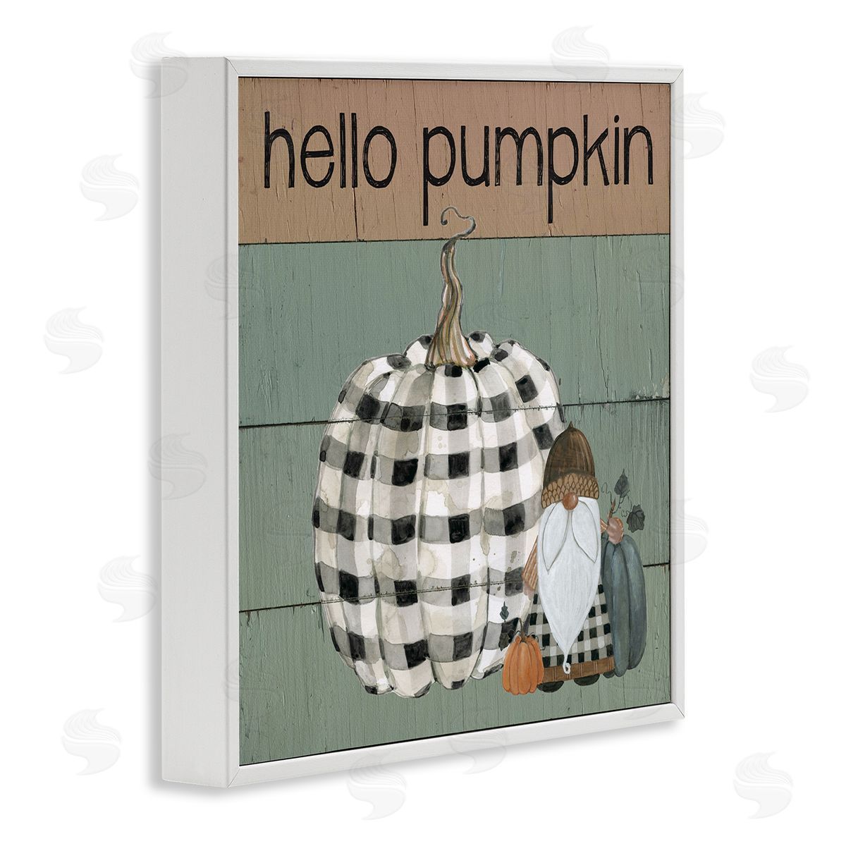 Livi Finn Hello Pumpkin Rustic Greeting Patchwork Plaid Gnome White Framed Glicee Wall Art Print