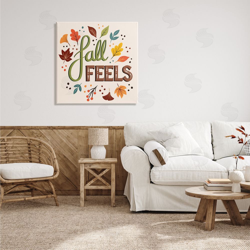 Jo Taylor Fall Feels Phrase Festive Harvest Foliage Autumn Leaves Canvas Wall Art in Room