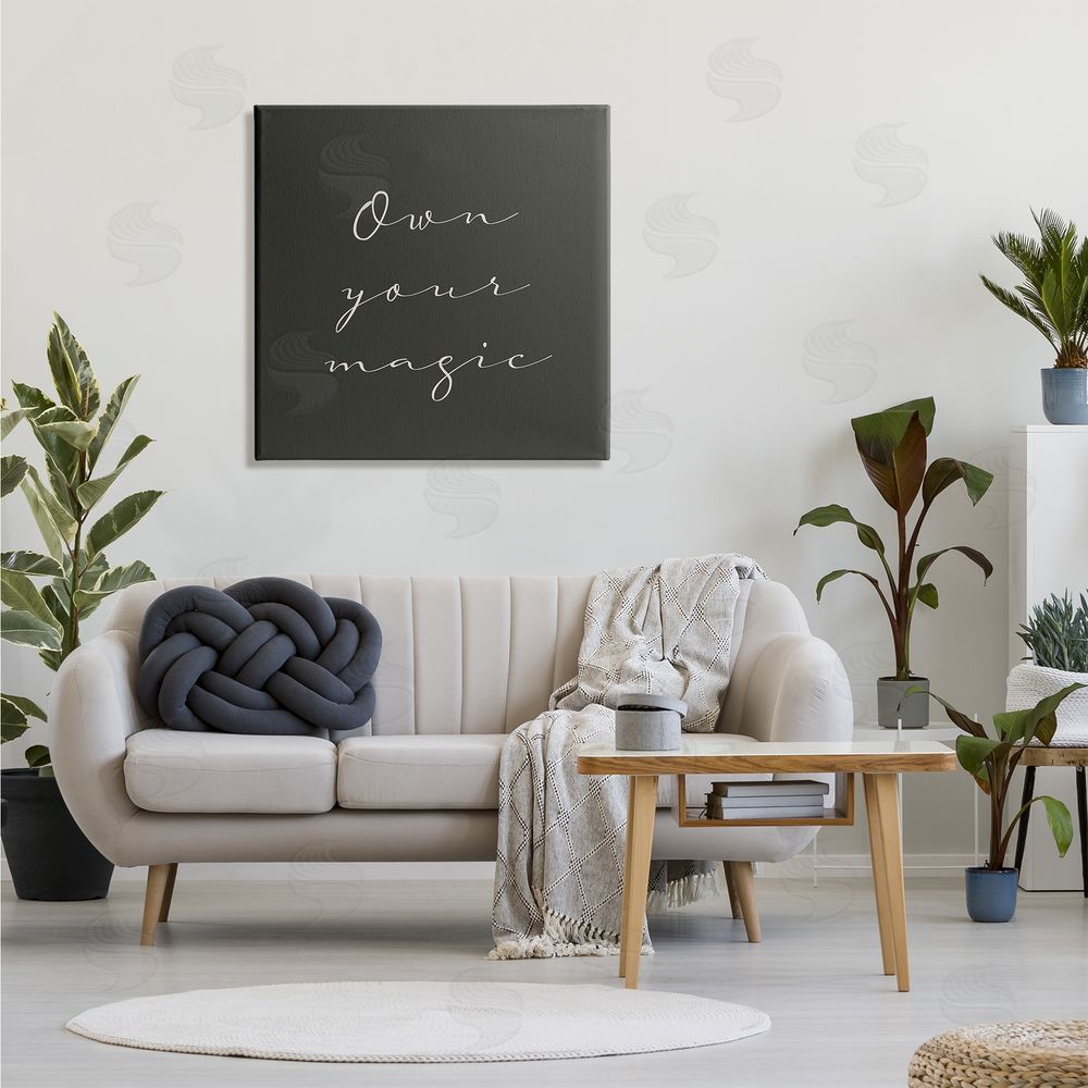 Birch & Ink Own Your Magic Phrase Minimal Cursive Typography Canvas Wall Art in Room