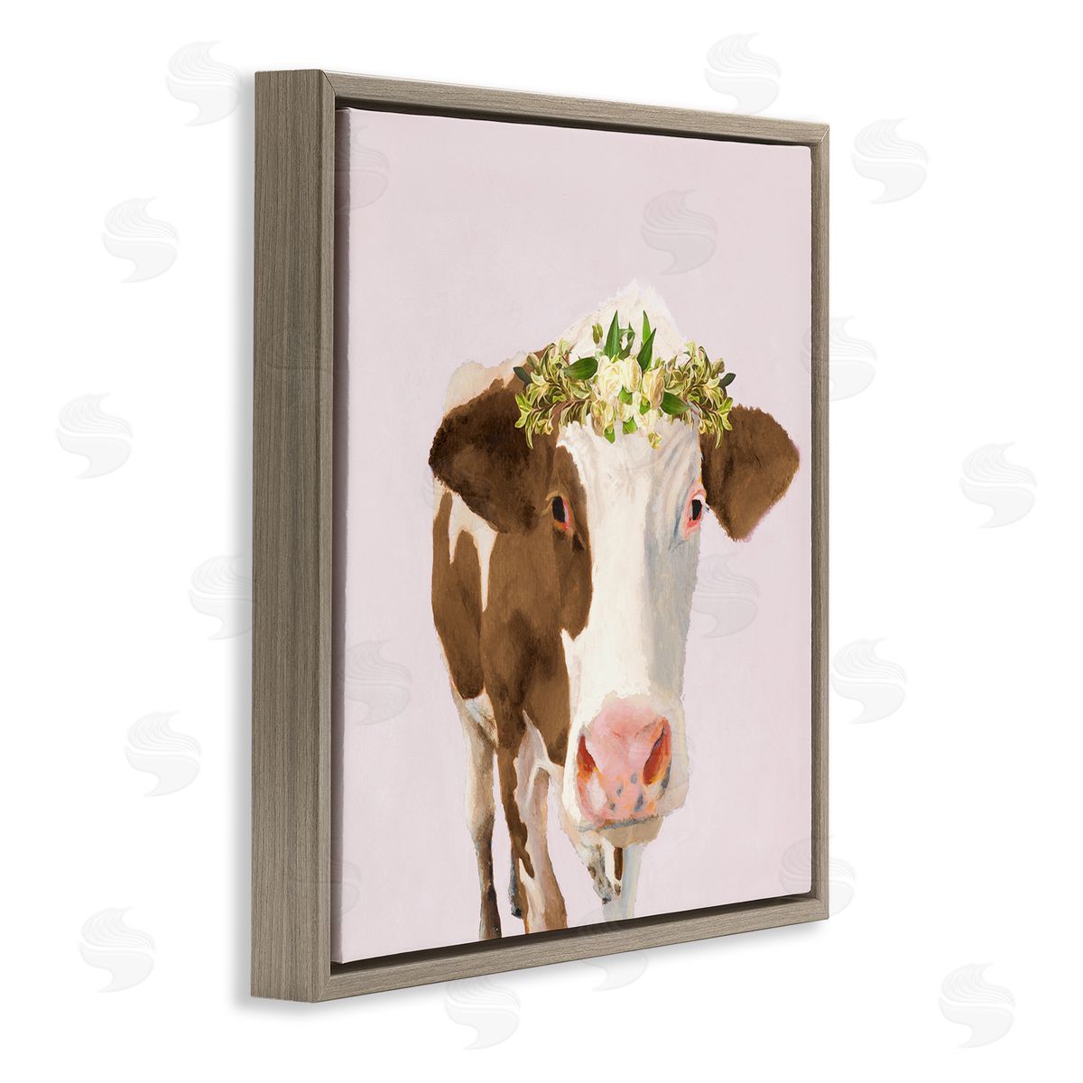 Jenny Green Country Farm Cow White Flower Crown Boho Pink Brown Floating Frame Canvas Wall Art Print