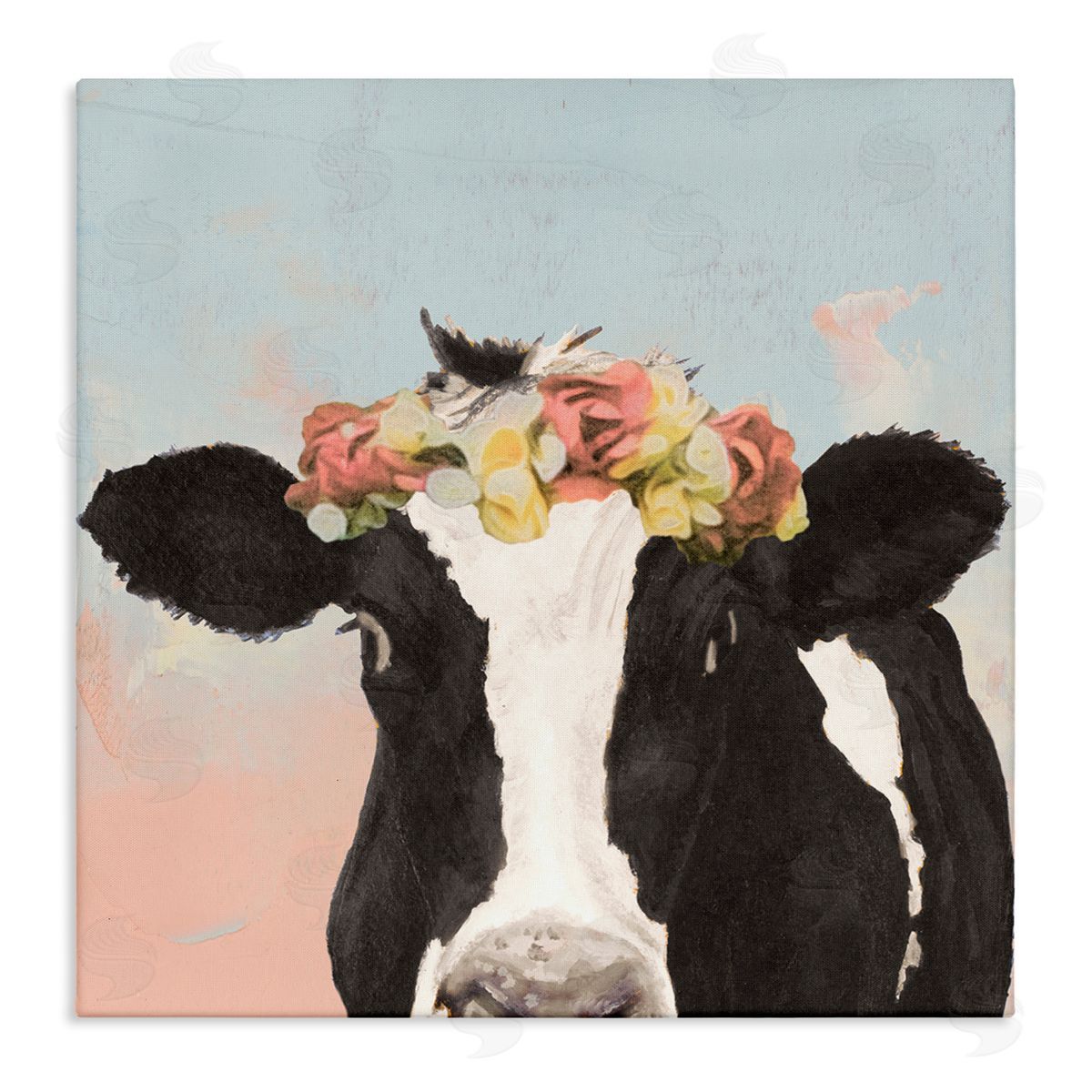 Jenny Green Boho Dairy Cow Floral Crown Pink Blue Ombre Stretched Canvas Wall Art Print