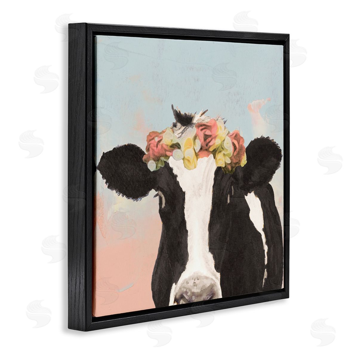Jenny Green Boho Dairy Cow Floral Crown Pink Blue Ombre Black Floating Frame Canvas Wall Art Print