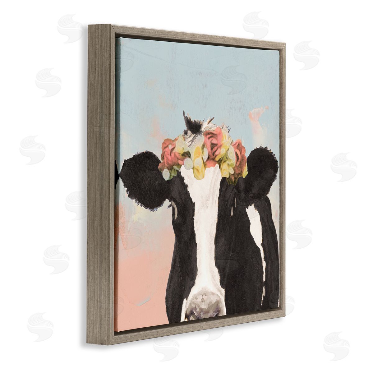 Jenny Green Boho Dairy Cow Floral Crown Pink Blue Ombre Brown Floating Frame Canvas Wall Art Print