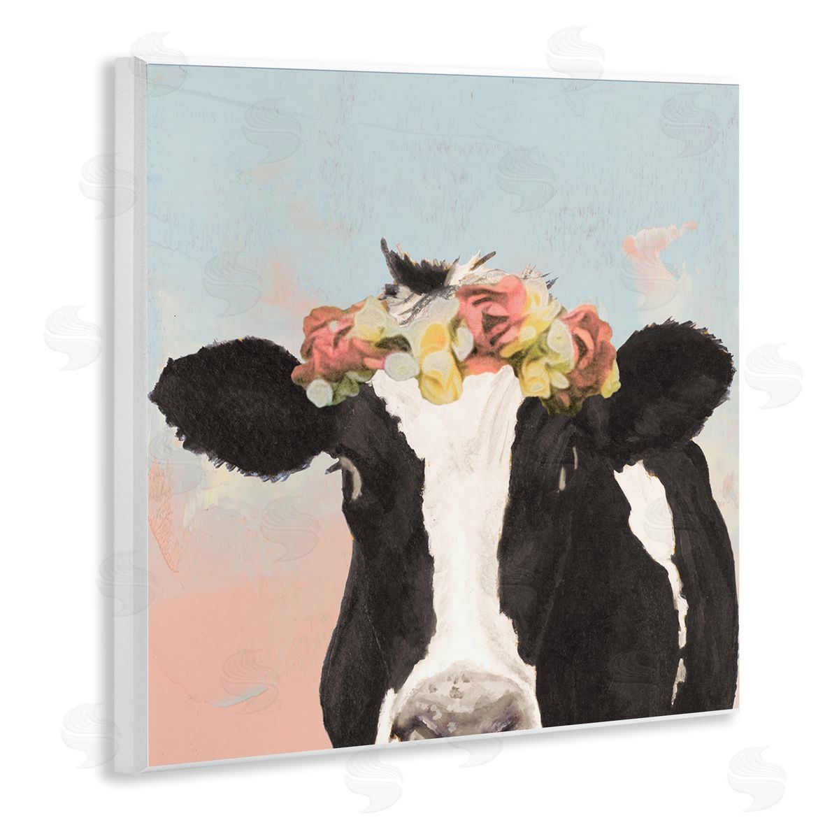 Jenny Green Boho Dairy Cow Floral Crown Pink Blue Ombre Wooden Wall Plaque Art Print