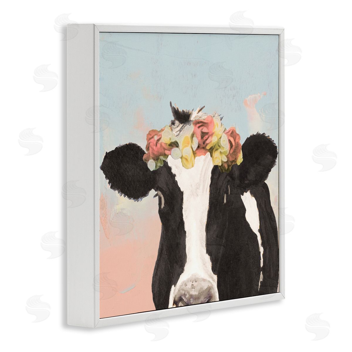 Jenny Green Boho Dairy Cow Floral Crown Pink Blue Ombre White Framed Glicee Wall Art Print