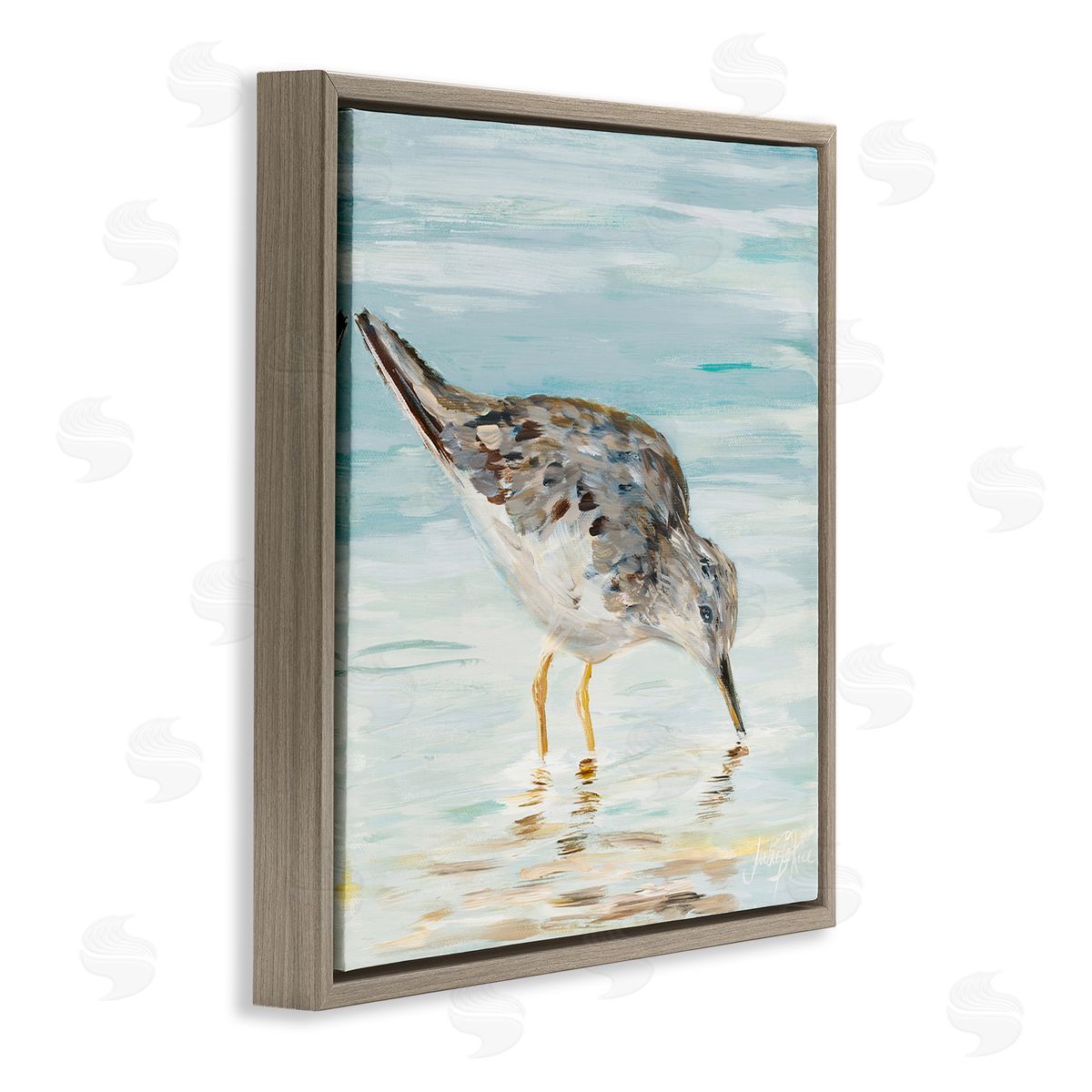 Sandpiper on Shallow Beach Coast Brown Floating Frame Canvas Wall Art, Home Decor by Julie DeRice
