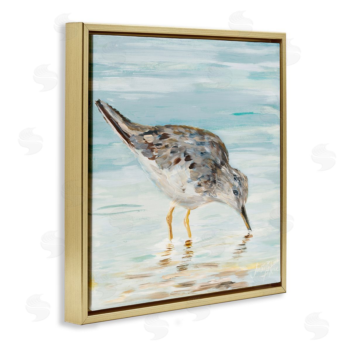 Sandpiper on Shallow Beach Coast Gold Floating Frame Canvas Wall Art, Home Decor by Julie DeRice