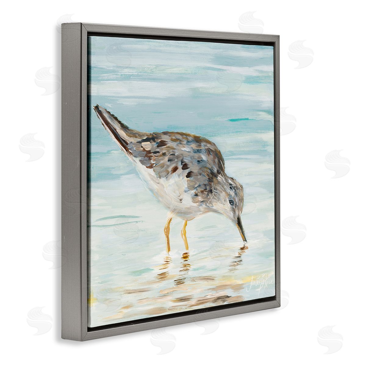 Sandpiper on Shallow Beach Coast Grey Floating Frame Canvas Wall Art, Home Decor by Julie DeRice