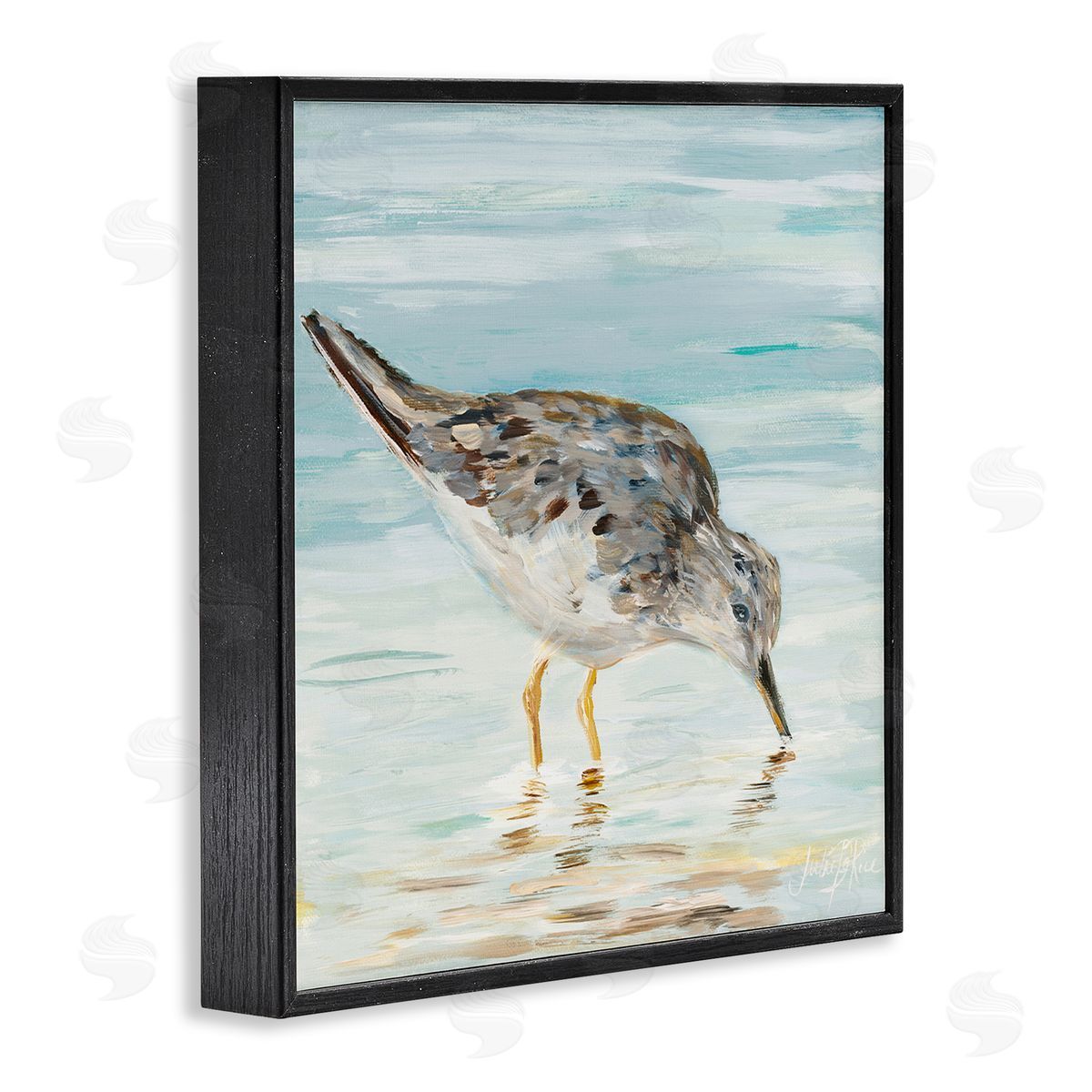 Sandpiper on Shallow Beach Coast Black Frame Print Wall Art, Home Decor by Julie DeRice