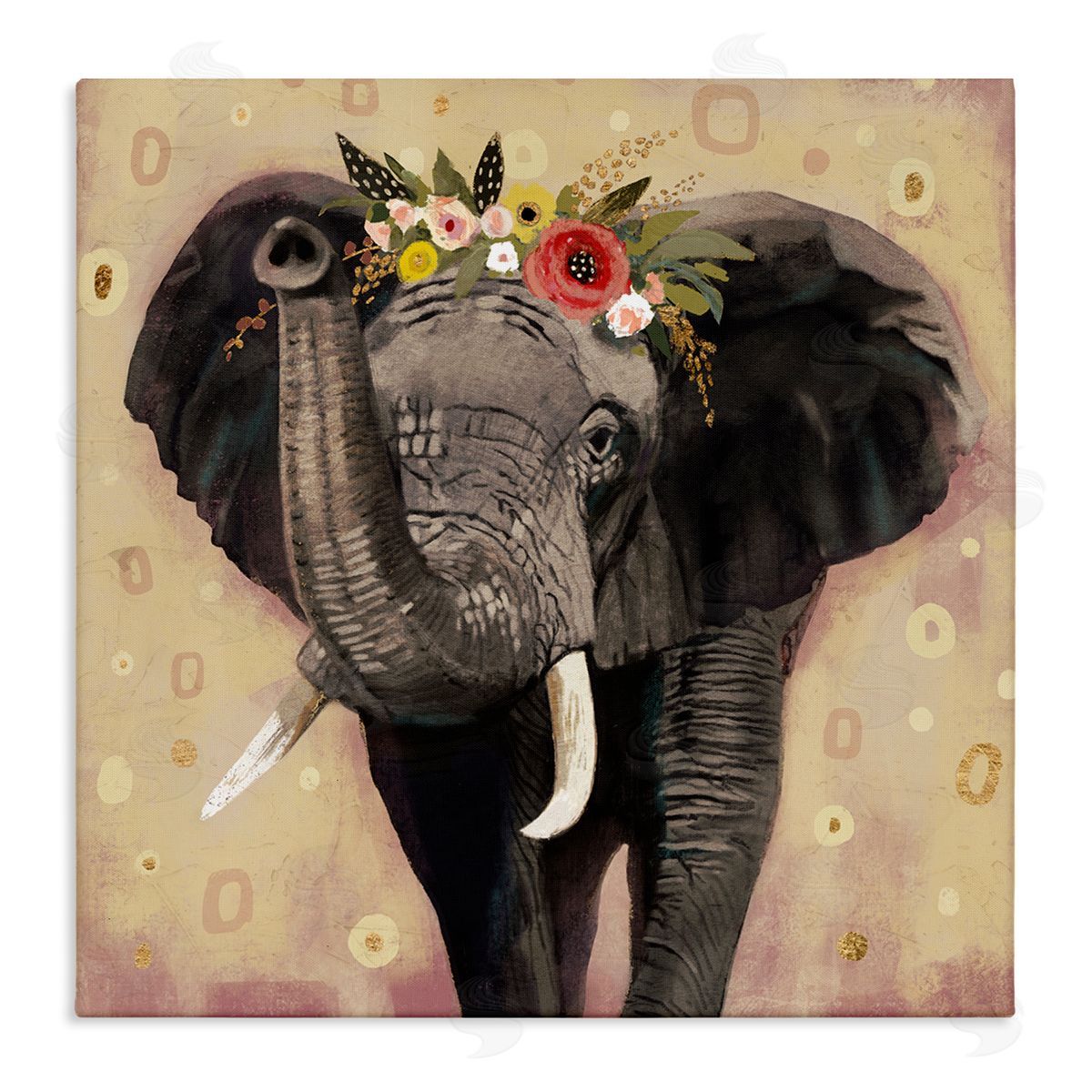 Victoria Barnes Elephant Raising Trunk Portrait Floral Crown Abstract Pattern Stretched Canvas Wall Art Print
