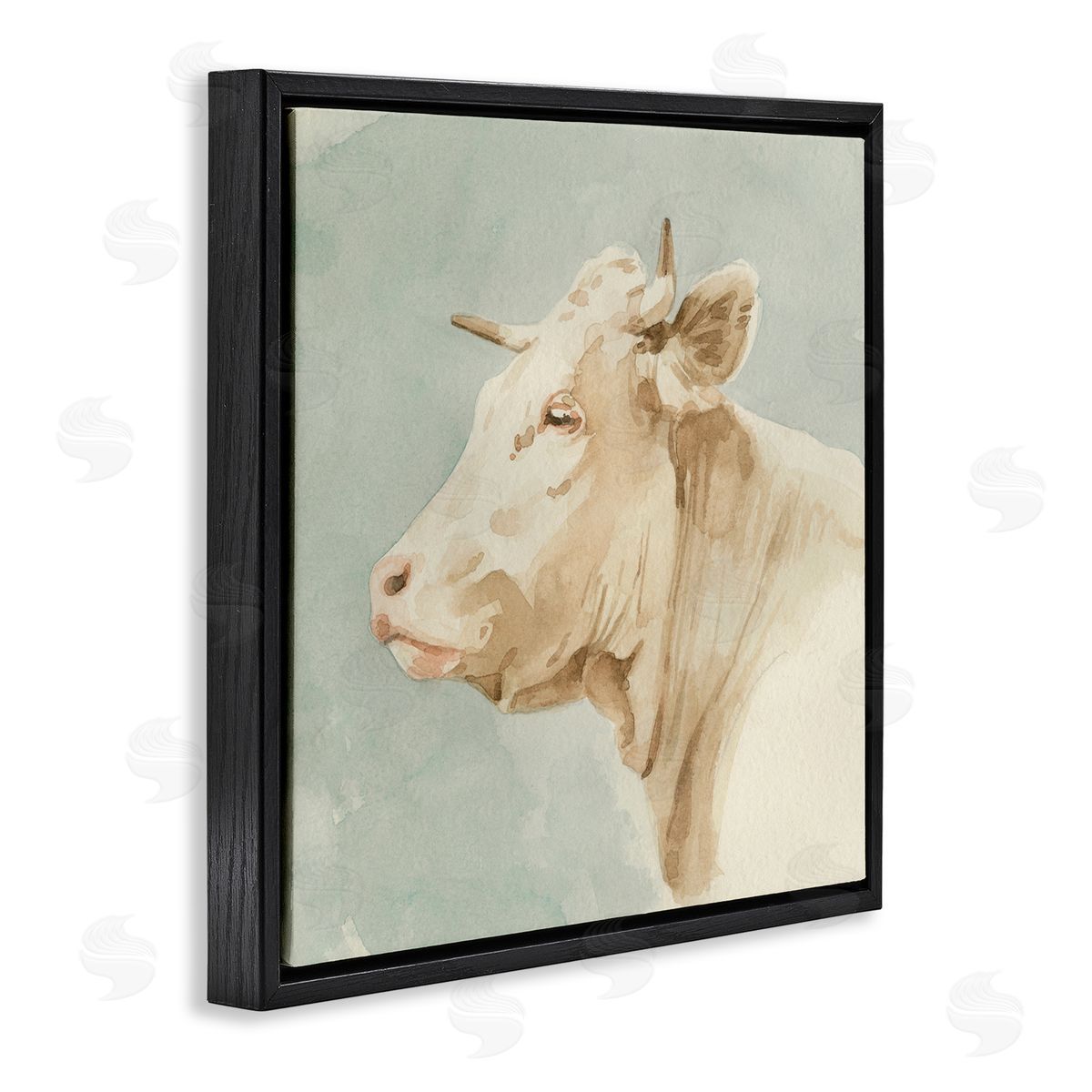 Emma Caroline Poised White Cow Watercolor Farm Animal Portrait Black Floating Frame Canvas Wall Art Print