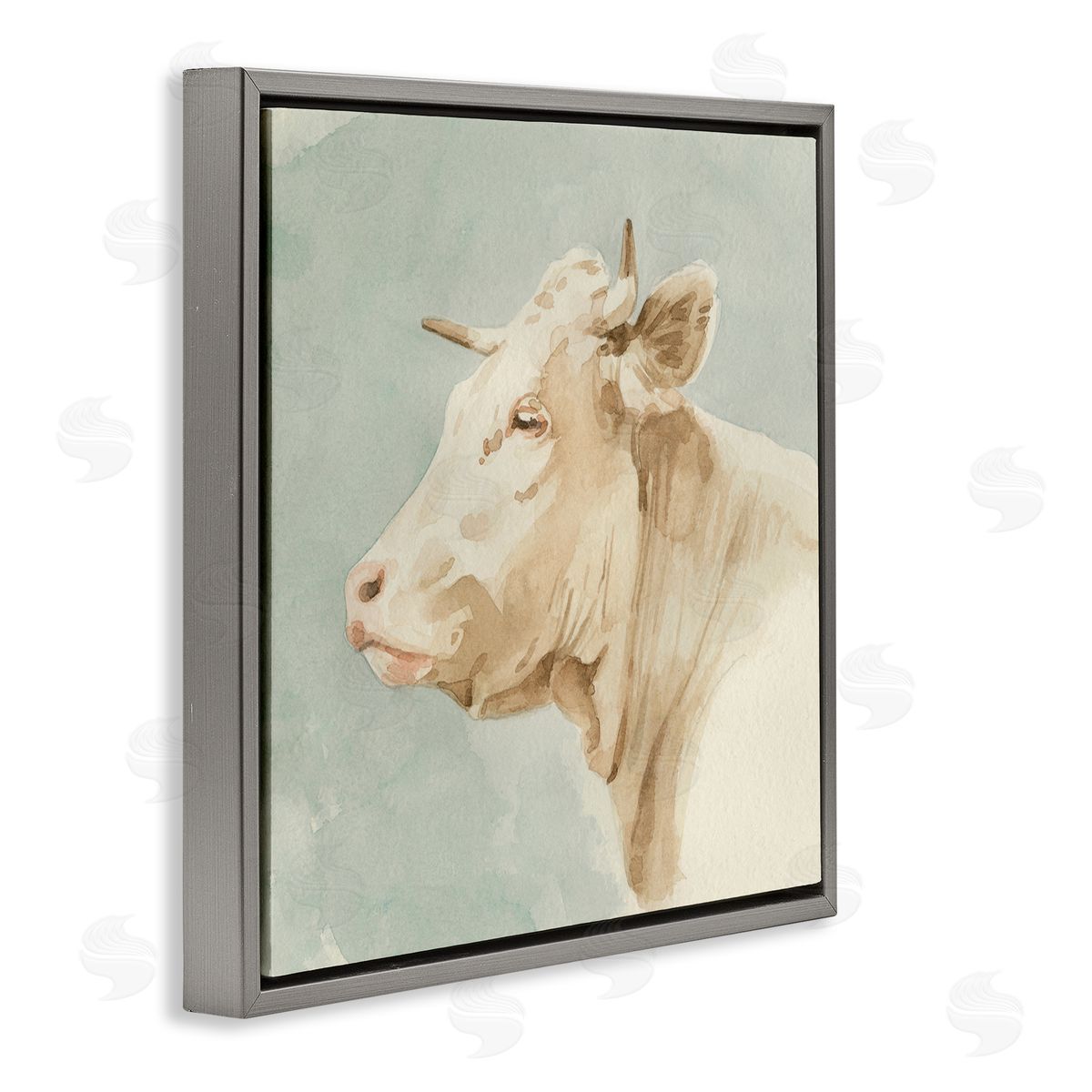 Emma Caroline Poised White Cow Watercolor Farm Animal Portrait Gray Floating Frame Canvas Wall Art Print