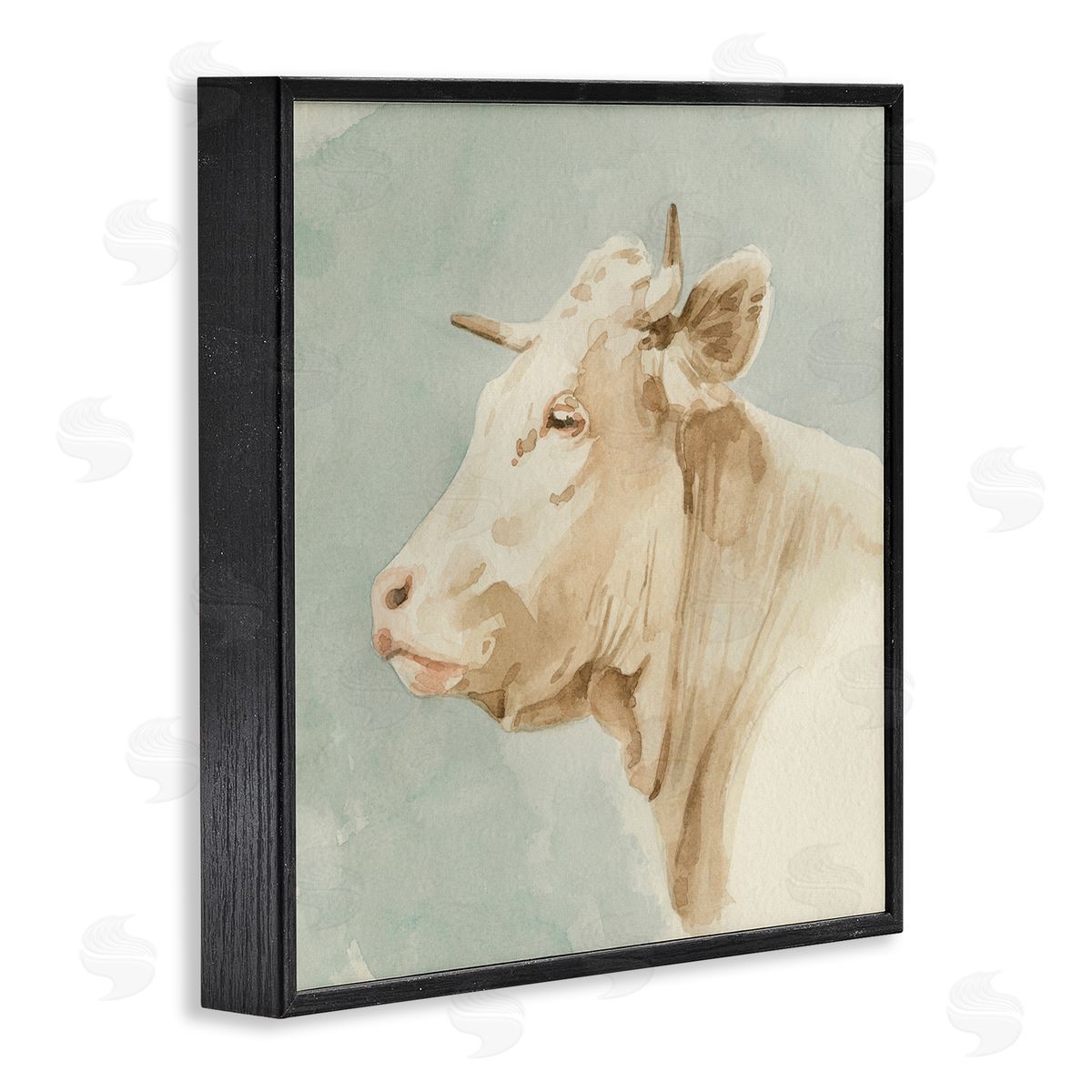 Emma Caroline Poised White Cow Watercolor Farm Animal Portrait Black Framed Glicee Wall Art Print