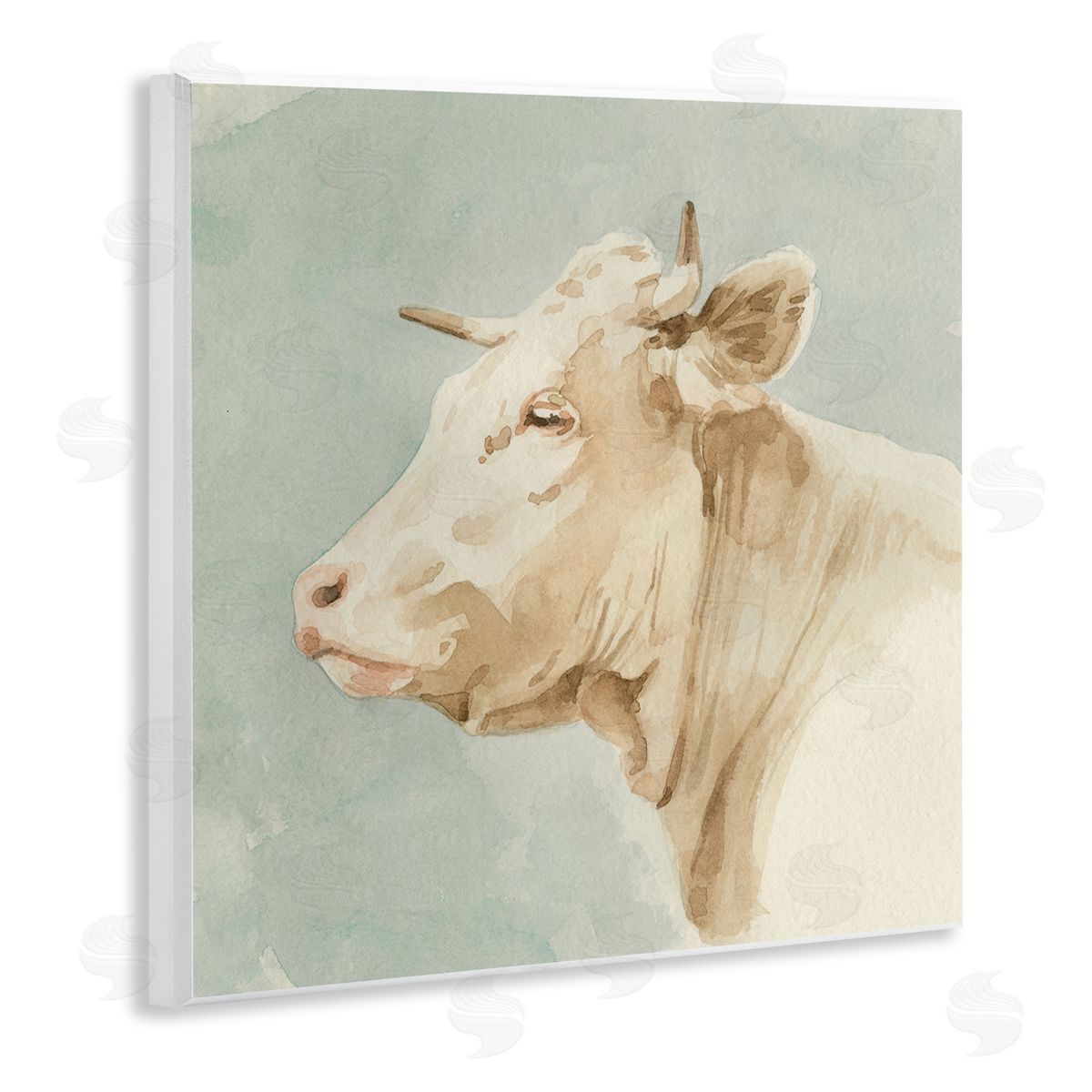 Emma Caroline Poised White Cow Watercolor Farm Animal Portrait Wooden Wall Plaque Art Print