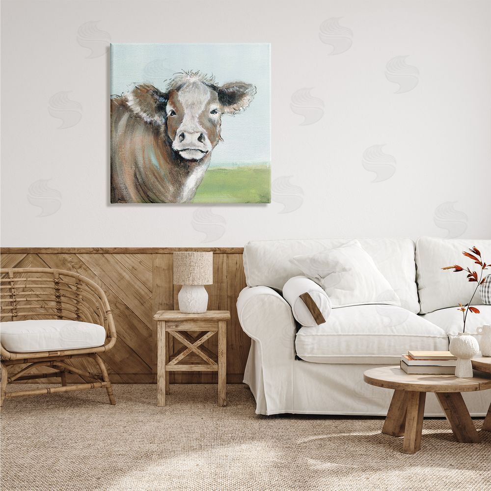 Janet Tava Big Ear Farm Cattle Countryside Cow Fluffy Hair Canvas Wall Art in Room