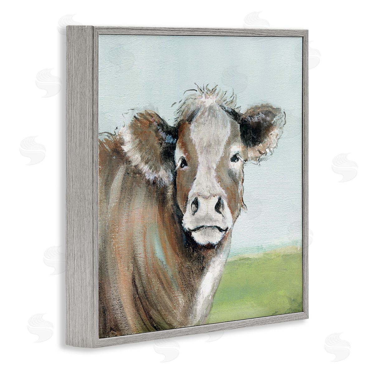 Janet Tava Big Ear Farm Cattle Countryside Cow Fluffy Hair Gray Framed Glicee Wall Art Print
