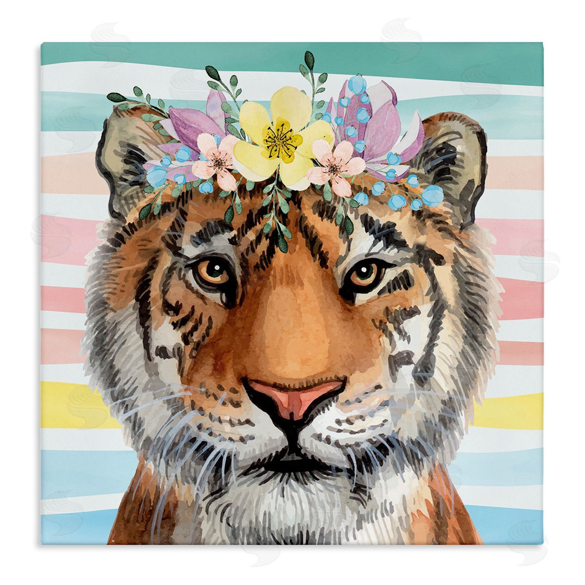Nicole DeCamp Jungle Tiger Chic Purple Yellow Floral Crown Stripes Stretched Canvas Wall Art Print