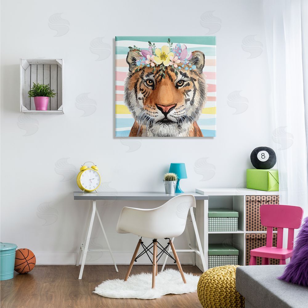 Nicole DeCamp Jungle Tiger Chic Purple Yellow Floral Crown Stripes Canvas Wall Art in Room