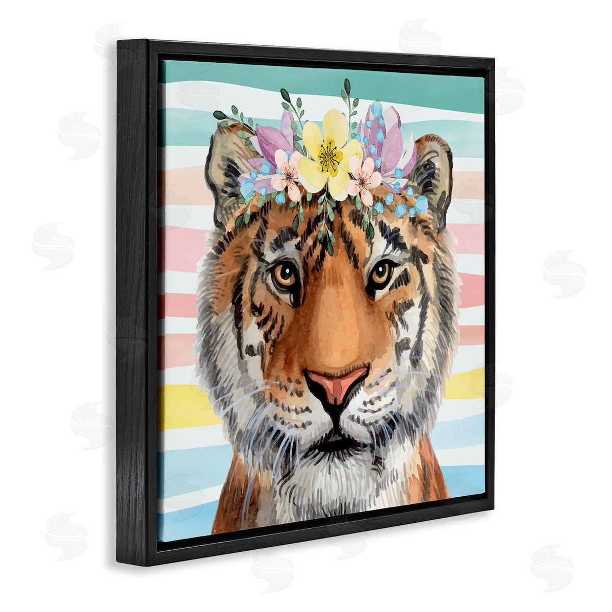 Nicole DeCamp Jungle Tiger Chic Purple Yellow Floral Crown Stripes Black Floating Frame Canvas Wall Art Print