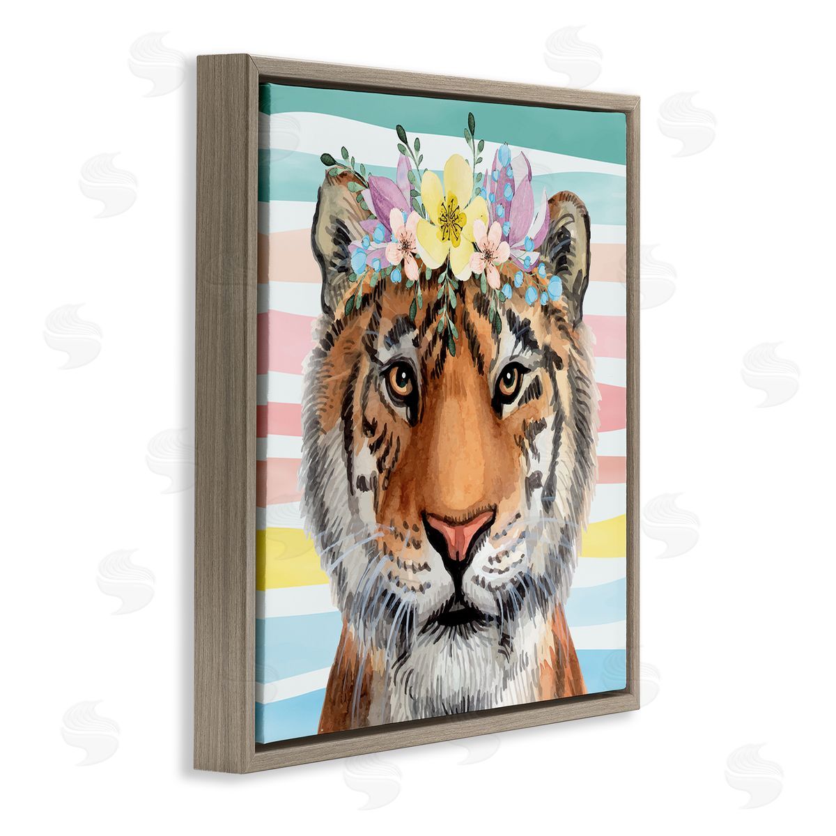 Nicole DeCamp Jungle Tiger Chic Purple Yellow Floral Crown Stripes Brown Floating Frame Canvas Wall Art Print