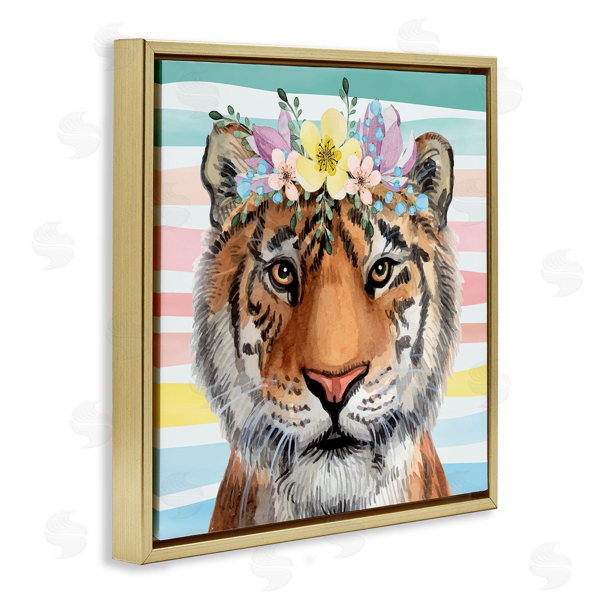 Nicole DeCamp Jungle Tiger Chic Purple Yellow Floral Crown Stripes Gold Floating Frame Canvas Wall Art Print