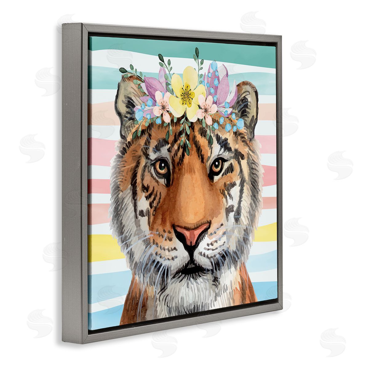 Nicole DeCamp Jungle Tiger Chic Purple Yellow Floral Crown Stripes Gray Floating Frame Canvas Wall Art Print