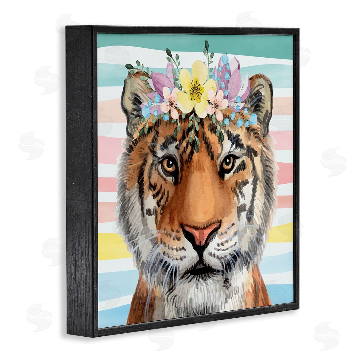 Nicole DeCamp Jungle Tiger Chic Purple Yellow Floral Crown Stripes Black Framed Glicee Wall Art Print