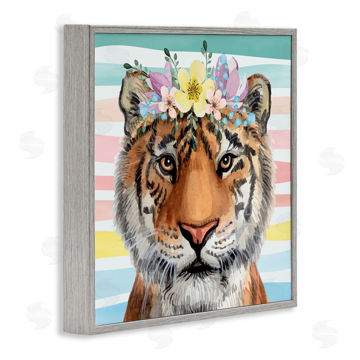 Nicole DeCamp Jungle Tiger Chic Purple Yellow Floral Crown Stripes Gray Framed Glicee Wall Art Print