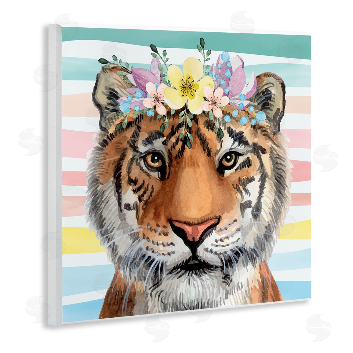Nicole DeCamp Jungle Tiger Chic Purple Yellow Floral Crown Stripes Wooden Wall Plaque Art Print