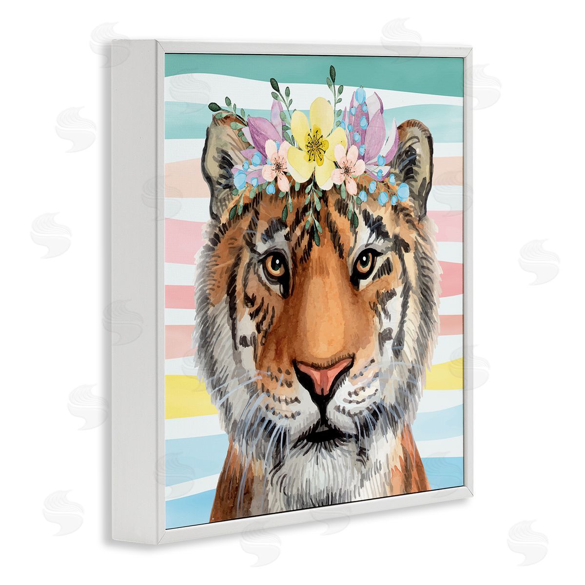 Nicole DeCamp Jungle Tiger Chic Purple Yellow Floral Crown Stripes White Framed Glicee Wall Art Print