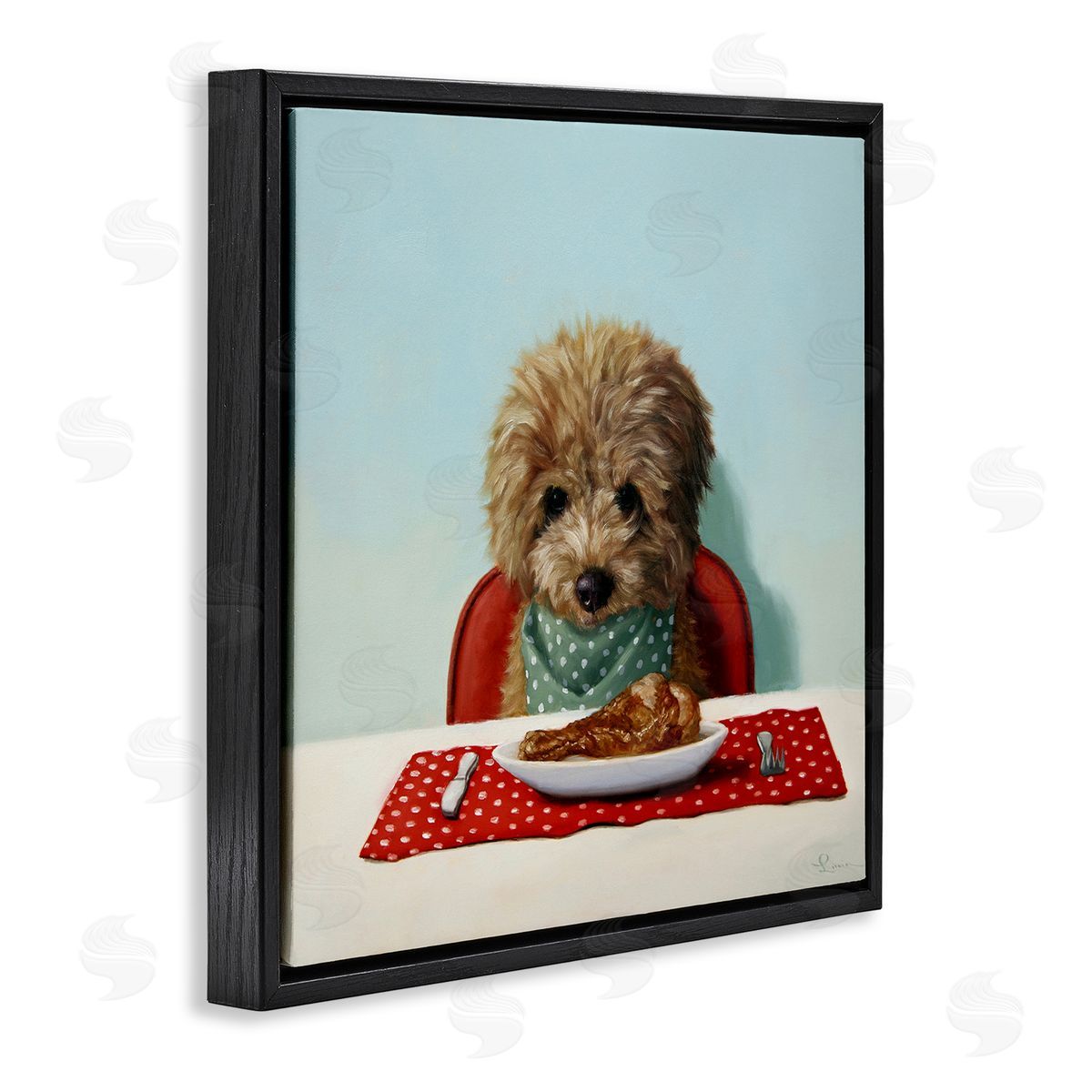 Lucia Heffernan Fluffy Pet Dog At Dinner Table Turkey Leg Black Floating Frame Canvas Wall Art Print