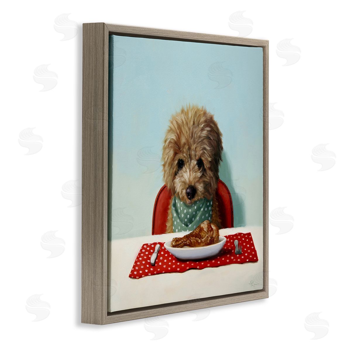 Lucia Heffernan Fluffy Pet Dog At Dinner Table Turkey Leg Brown Floating Frame Canvas Wall Art Print