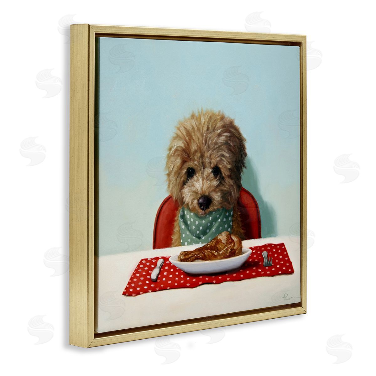 Lucia Heffernan Fluffy Pet Dog At Dinner Table Turkey Leg Gold Floating Frame Canvas Wall Art Print