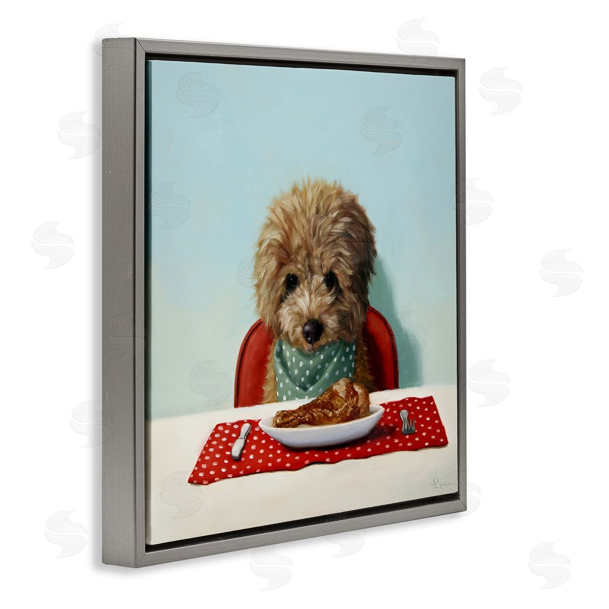 Lucia Heffernan Fluffy Pet Dog At Dinner Table Turkey Leg Gray Floating Frame Canvas Wall Art Print