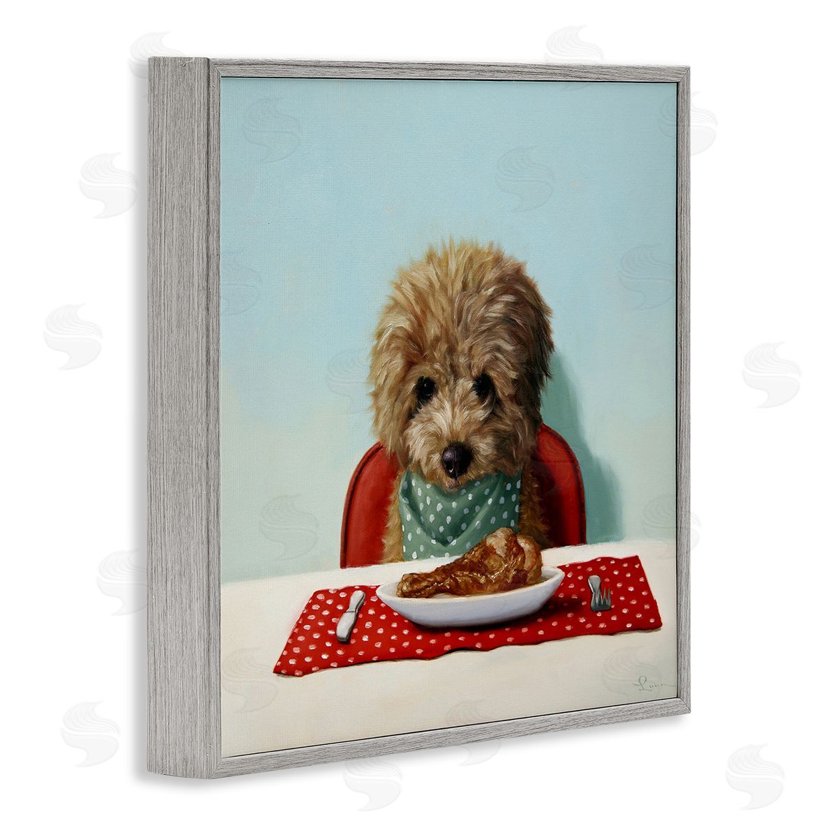 Lucia Heffernan Fluffy Pet Dog At Dinner Table Turkey Leg Gray Framed Glicee Wall Art Print