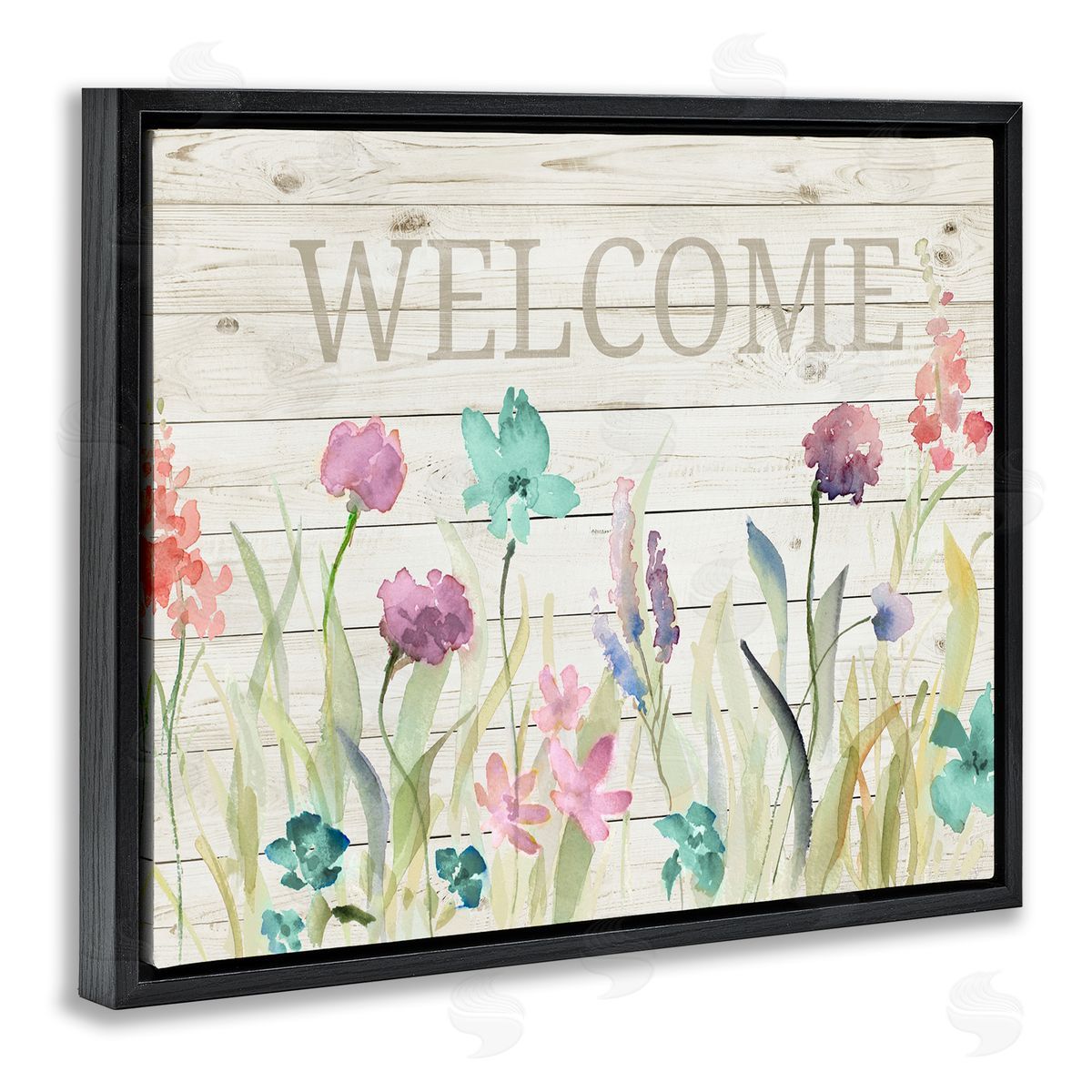 Welcome Sign Spring Wildflowers Black Floating Frame Canvas Wall Art, Home Decor by Lanie Loreth