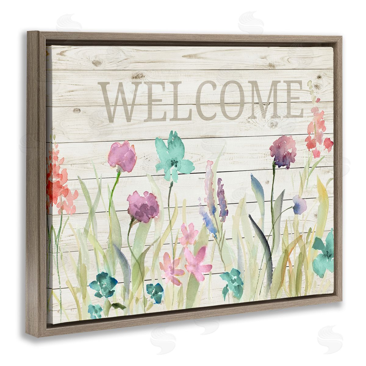 Welcome Sign Spring Wildflowers Brown Floating Frame Canvas Wall Art, Home Decor by Lanie Loreth