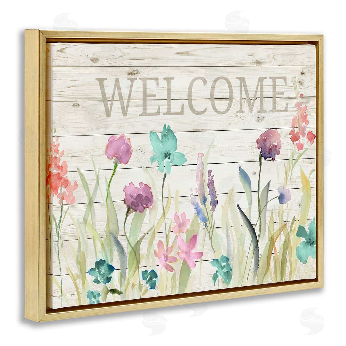 Welcome Sign Spring Wildflowers Gold Floating Frame Canvas Wall Art, Home Decor by Lanie Loreth
