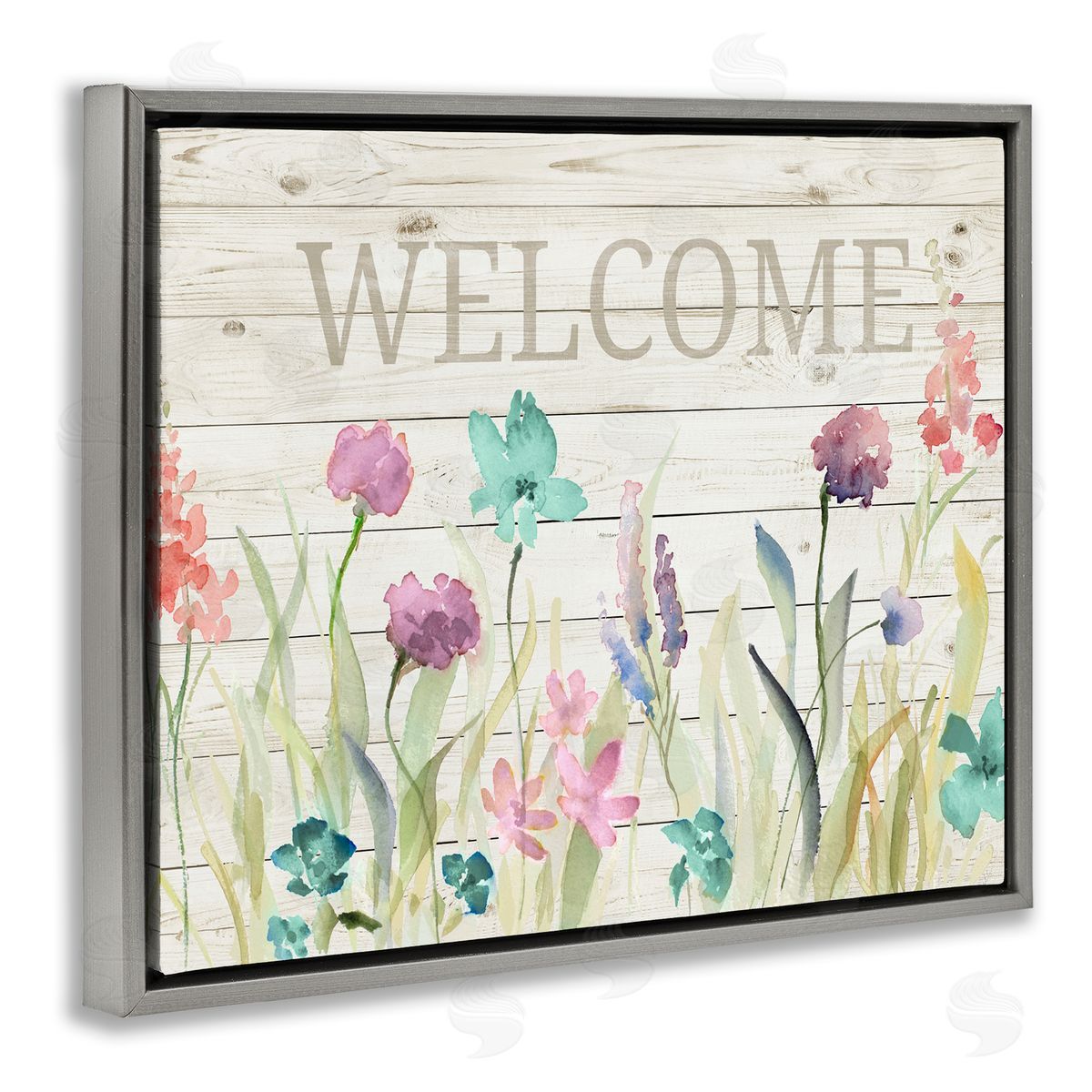 Welcome Sign Spring Wildflowers Grey Floating Frame Canvas Wall Art, Home Decor by Lanie Loreth