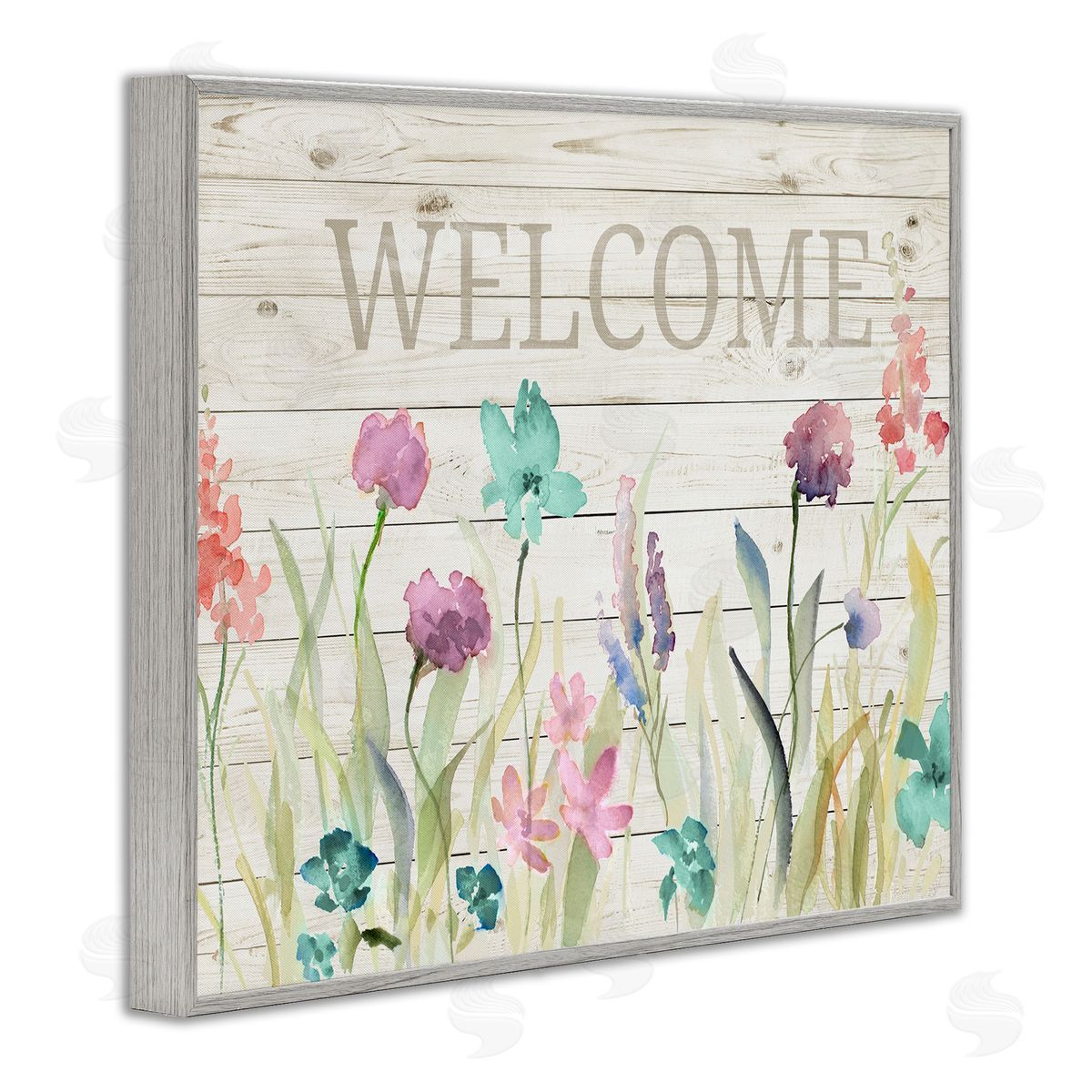 Welcome Sign Spring Wildflowers Grey Frame Print Wall Art, Home Decor by Lanie Loreth