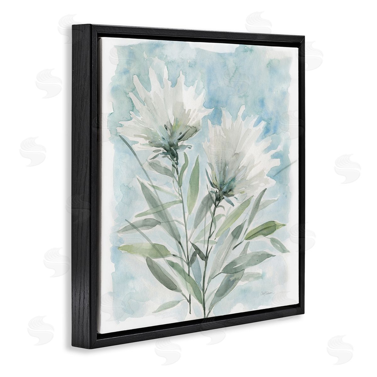 Carol Robinson Abstract Watercolor Florals White Petals Blue Sky Black Floating Frame Canvas Wall Art Print