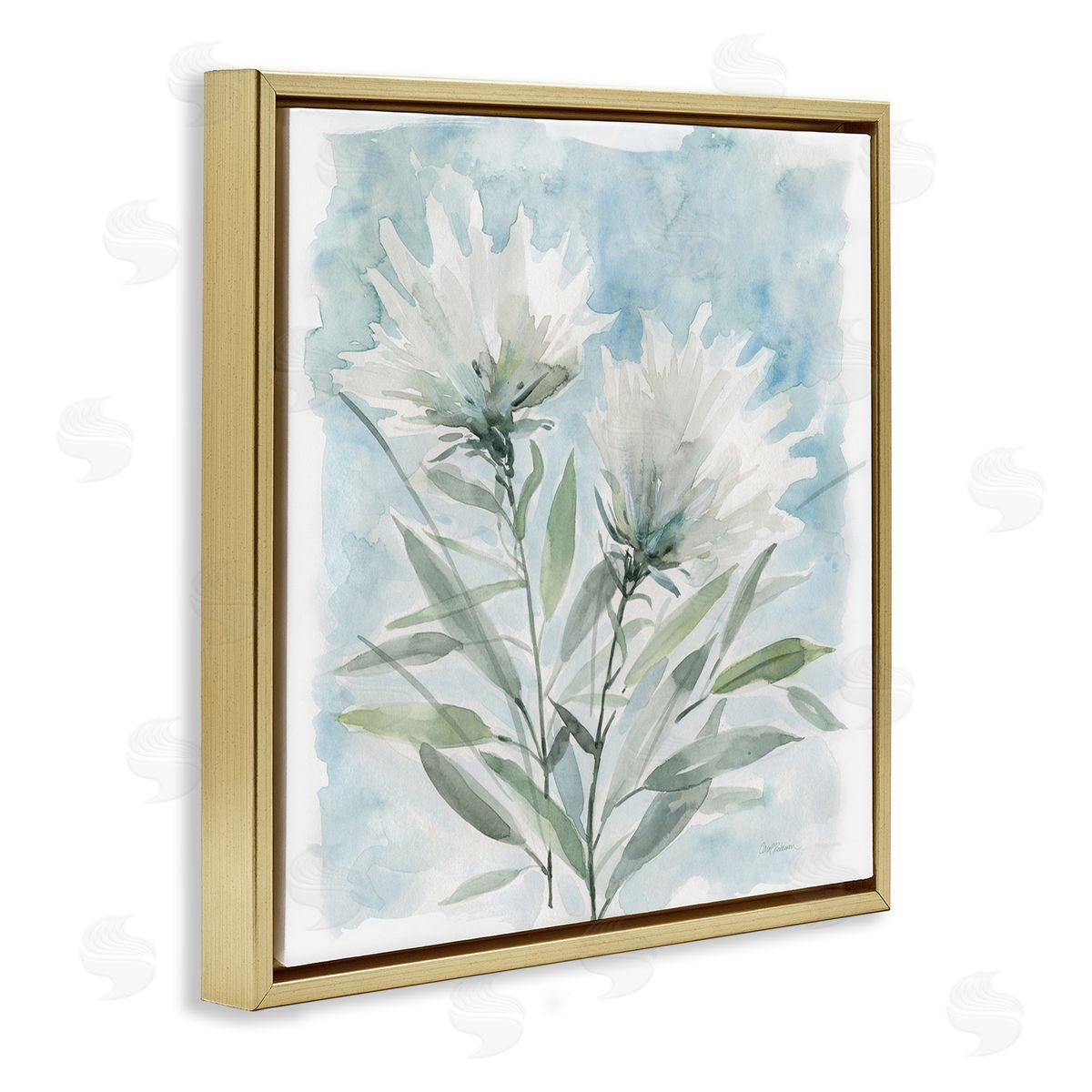 Carol Robinson Abstract Watercolor Florals White Petals Blue Sky Gold Floating Frame Canvas Wall Art Print