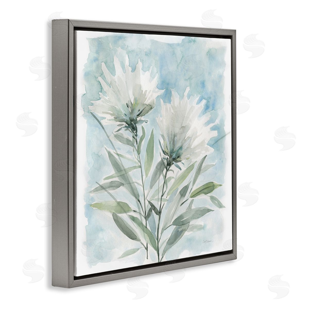 Carol Robinson Abstract Watercolor Florals White Petals Blue Sky Gray Floating Frame Canvas Wall Art Print