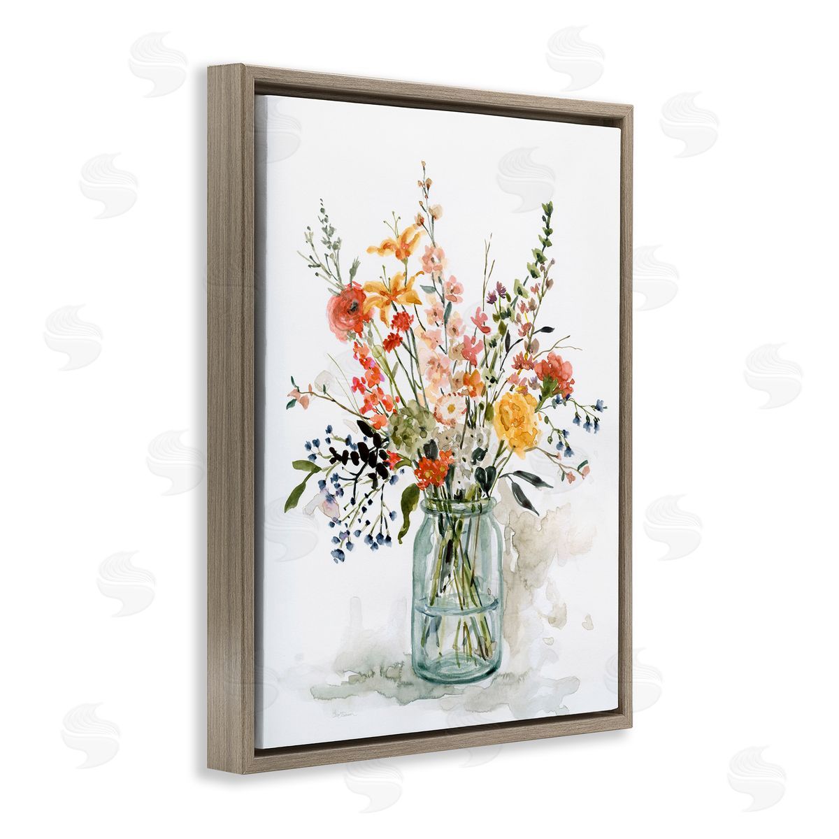 Warm Summer Floral Bouquet Brown Floating Frame Canvas Wall Art, Home Decor by Carol Robinson