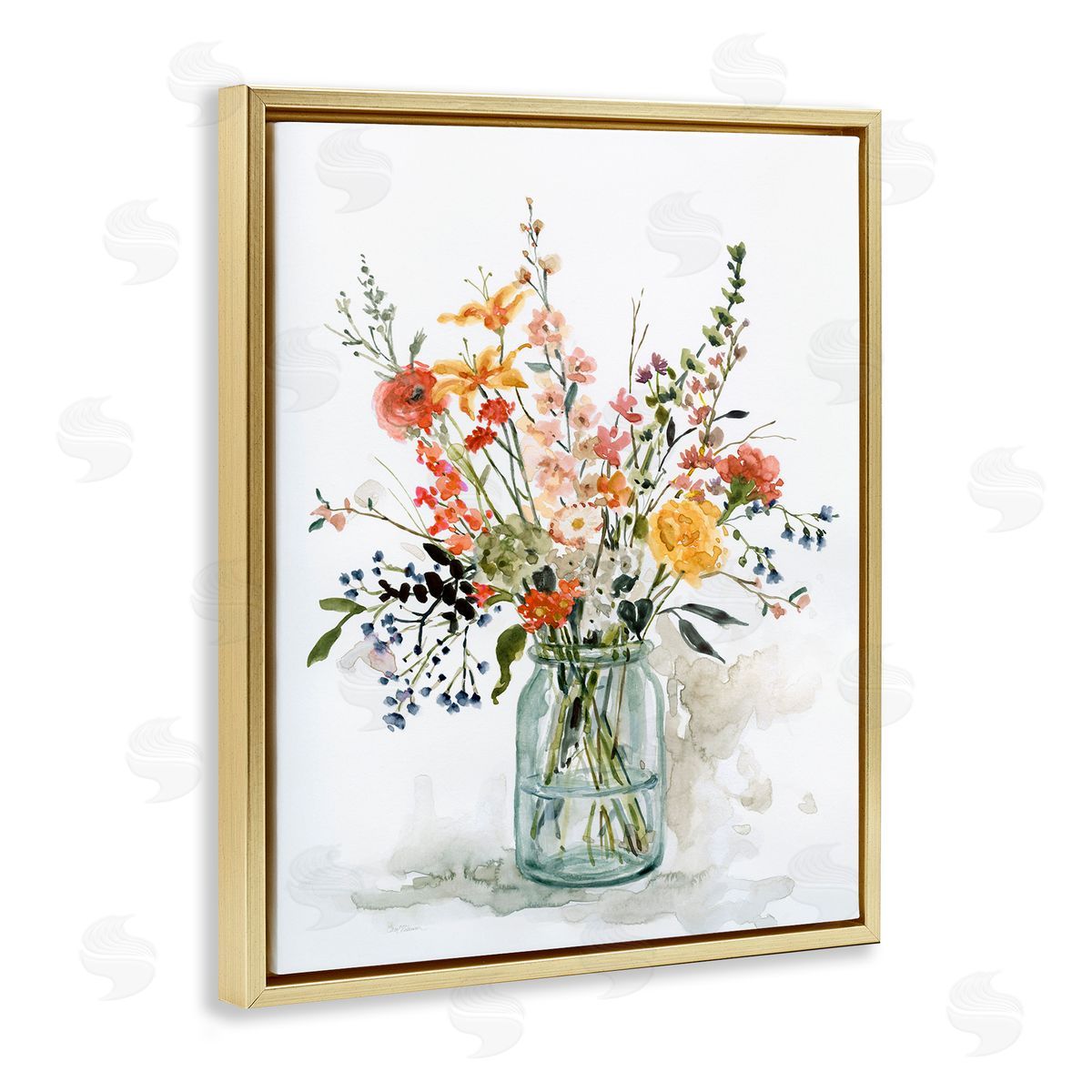 Warm Summer Floral Bouquet Gold Floating Frame Canvas Wall Art, Home Decor by Carol Robinson