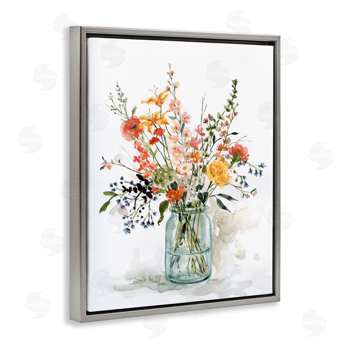 Warm Summer Floral Bouquet Grey Floating Frame Canvas Wall Art, Home Decor by Carol Robinson