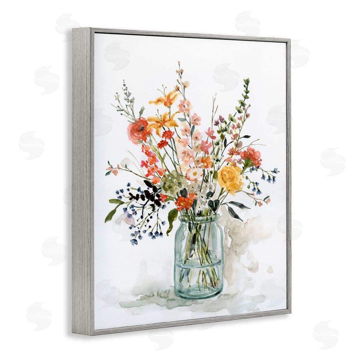 Warm Summer Floral Bouquet Grey Frame Print Wall Art, Home Decor by Carol Robinson